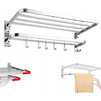 Věšák NÁSTĚNNÝ VĚŠÁK NA RUČNÍKY S POLIČKOU SKLÁDACÍ HÁČKY DO KOUPELNY