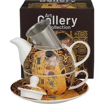 Konvice na čaj Porcelánová konvice na čaj a kávu s šálkem a podšálkem DUO ART GALLERY THE KISS BROWN BY GUSTAV KLIMT 0,35 l