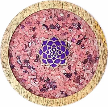 Ametyst a růženín podtácek mangové dřevo - dekorace cca 10 cm