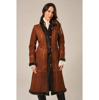 Dámský kabát Dámský dlouhý zimní kožich v odstínu hnědé (L - 40)