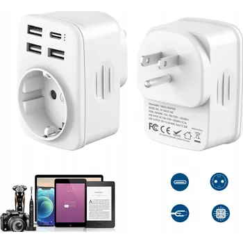 Cestovní adaptér do USA se 3 porty USB A, 1 portem typu C a 1 zásuvkou AC