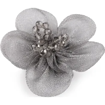 Organzový květ s broušenými korálky k našití a nalepení Ø4,5 cm, malé, 4 (17) šedá