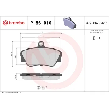 Brzdová destička Sada brzdových destiček, kotoučová brzda BREMBO P 86 010