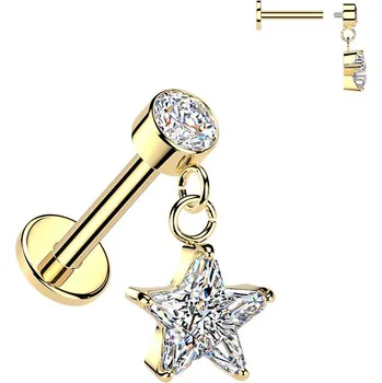 Piercing Šperky4U Zlacený piercing do ucha - labreta se zavěšenou hvězdičkou - LB1152-GD