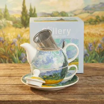 Konvice na čaj Porcelánová konvice na čaj a kávu s šálkem a podšálkem DUO WHEAT FIELD INSPIRED BY VAN GOGH 0,35 l