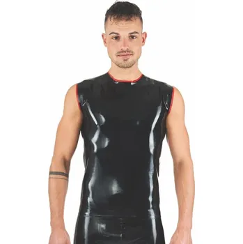 Pánské erotické prádlo Gumové tílko Mister B Rubber Sleeveless T-Shirt černo-červené M, černé latexové tričko bez rukávů s červenými lemy