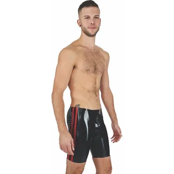 Pánské erotické prádlo Gumové kraťasy Mister B Rubber Fucker Shorts černo-červené M, černé latexové šortky s 3cestným zipem v rozkroku