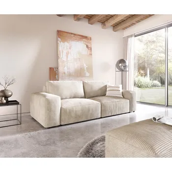 Pohovka DELIFE Pohovka XL Lanzo 230x95 cm plyšový manšestr béžová s taburetem