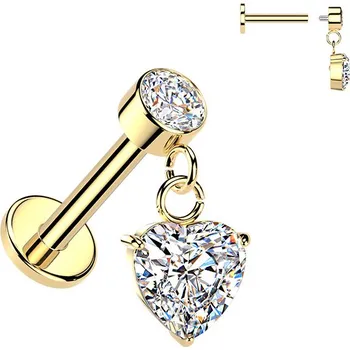 Piercing Šperky4U Zacený piercing do ucha - labreta se zavěšeným srdíčkem - LB1153-GD