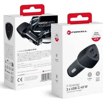 Nabíječka do auta Forcell Carbon Car Charger Type C 3.0 Pd20W + Type C 3.0 Pd20W Cc50-2C Black (Total 40W)