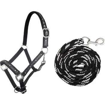 Set ohlávky s vodítkem HKM,černá/stříbrná, Full