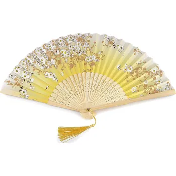 Karnevalový doplněk Vějíř textilní s metalickými detaily, malé, 1 žlutá světlá stříbrná