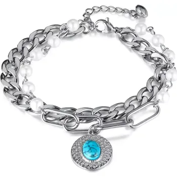 Šperk Dámský Dvojitý náramek z nerezové oceli s perličky Stříbrný