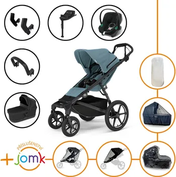 Kočárek Set 11v1 Thule Urban Glide 4-wheel Mid blue s magnetickou sponou + madlo + korbička Black + JOMK příslušenství + autosedačka Cybex s ISOFIX základnou a adaptéry Thule