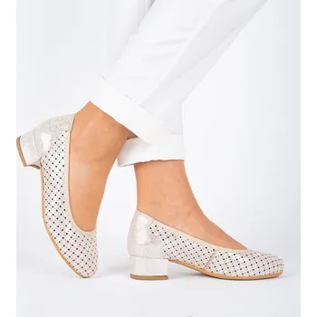 Dámské lodičky Dámské champagne kožené perforované lodičky Letizia s metalickými odlesky Velikost: 38