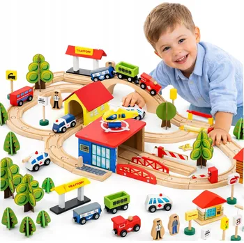 Vláček a vláčkodráha VELKÁ DŘEVĚNÁ VLÁČKODRÁHA K SESTAVENÍ 69 DÍLŮ