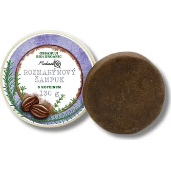 Šampon Medarek | Rozmarýnový šampuk s kofeinem Obsah: 130 g 36 % bio surovin • 2 % kofeinu • quinoový protein • rozmarýnový hydrolát