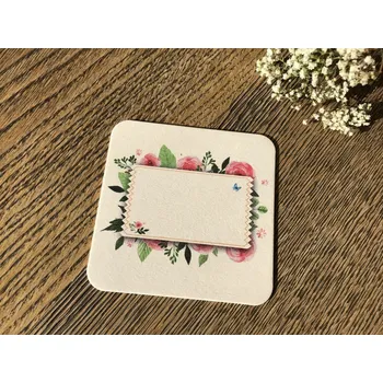 Svatební dekorace Svatba-eshop Nápojový tácek hranatý - jmenovka s růžovými růžemi a modrým motýlkem