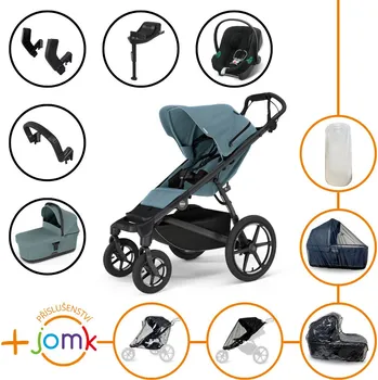Kočárek Set 11v1 Thule Urban Glide 4-wheel Mid blue s magnetickou sponou + madlo + korbička Mid blue + JOMK příslušenství + autosedačka Cybex s ISOFIX základnou a adaptéry Thule
