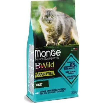 Krmivo pro kočku MONGE BWild Cat Grain Free Adult 1,5kg bezobilninové kompletní krmivo pro dospělé kočky s treskou, bramborami a čočkou