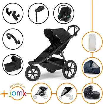 Kočárek Set 11v1 Thule Urban Glide 3 Black s magnetickou sponou + madlo + korbička Black + JOMK příslušenství + autosedačka Cybex s ISOFIX základnou a adaptéry Thule