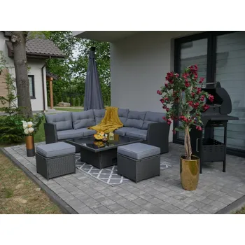 Zahradní sestava RATANOVÁ SADA NÁBYTKU (ROHOVÁ POHOVKA + 2 TABUSY + STŮL S NASTAVITELNOU VÝŠKOU) ŠEDÁ + ŠEDÉ POLŠ