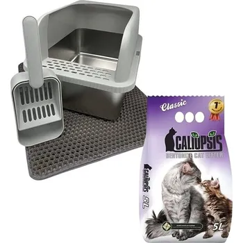 Toaleta pro kočku Surtep Kočičí toaleta Comfort steel, světle šedá + Stelivo Caliopsis Classic 5 kg