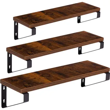 police ModernHome ME-ATS21 Sada 3 nástěnných polic s kovovými držáky, tmavé dřevo