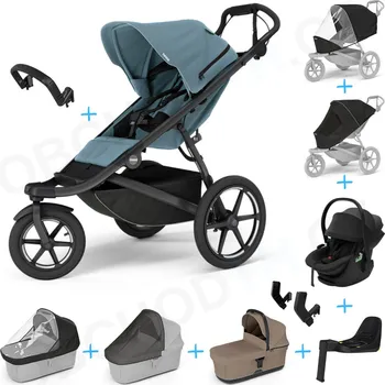 Kočárek Set 10v1 Thule Urban Glide 3 Mid Blue s magnetickou sponou + madlo + korbička Tinted Taupe + pláštěnky a moskytiéry Thule + Autosedačka Thule Maple Black s ISOFIX základnou Thule Alfi a adaptéry