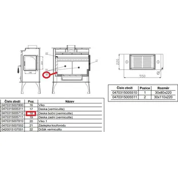 Krbová kamna Náhradní díl pro HAAS+SOHN - ARKTIC,černá,kování Au- Deska boční 30x220x355 / mat. VC 1000