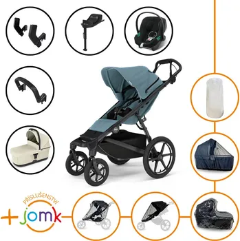 Kočárek Set 11v1 Thule Urban Glide 4-wheel Mid blue s magnetickou sponou + madlo + korbička Soft beige + JOMK příslušenství + autosedačka Cybex s ISOFIX základnou a adaptéry Thule