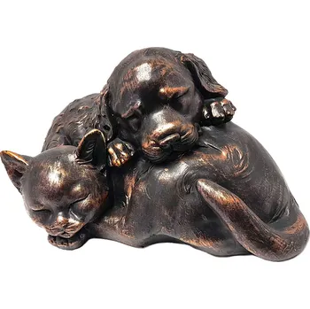 Zahradní dekorace Pes a kočka ležící měděná patina