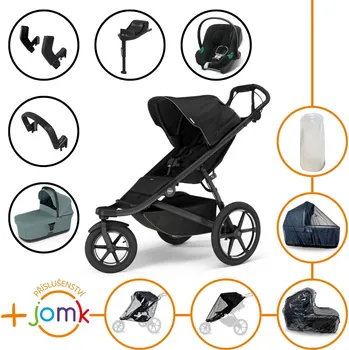 Kočárek Set 11v1 Thule Urban Glide 3 Black s magnetickou sponou + madlo + korbička Mid blue + JOMK příslušenství + autosedačka Cybex s ISOFIX základnou a adaptéry Thule