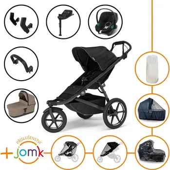 Kočárek Set 11v1 Thule Urban Glide 3 Black s magnetickou sponou + madlo + korbička Tinted Taupe + JOMK příslušenství + autosedačka Cybex s ISOFIX základnou a adaptéry Thule