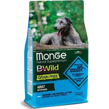 MONGE BWild Grain Free Adult 2,5kg bezobilninové kompletní krmivo pro dospělé psy všech plemen s ančovičkami, bramborami