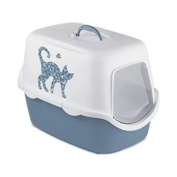 Toaleta pro kočku STEFANPLAST CATHY Griffe krytá kočičí toaleta s veselým motivem modrá/bílá 56x40x40cm