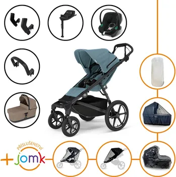 Kočárek Set 11v1 Thule Urban Glide 4-wheel Mid blue s magnetickou sponou + madlo + korbička Tinted Taupe + JOMK příslušenství + autosedačka Cybex s ISOFIX základnou a adaptéry Thule