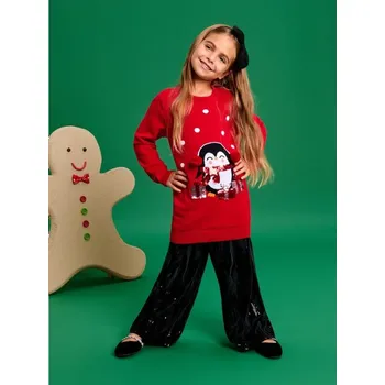 Dívčí oblečení Sinsay - Vánoční svetr s tučňákem zdobeným flitry a bambulkami - červená - 542AV-MLC - 542AV-MLC-98-1