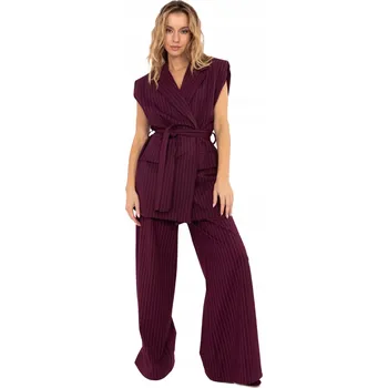 Dámská vesta Bordová elegantní proužkovaná vesta s páskem L/XL – Stylový Věšák