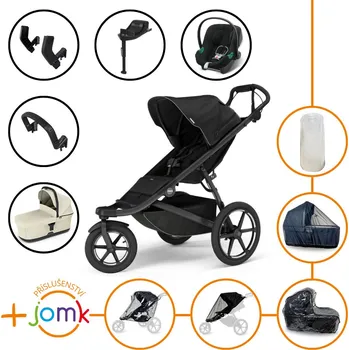 Kočárek Set 11v1 Thule Urban Glide 3 Black s magnetickou sponou + madlo + korbička Soft beige + JOMK příslušenství + autosedačka Cybex s ISOFIX základnou a adaptéry Thule