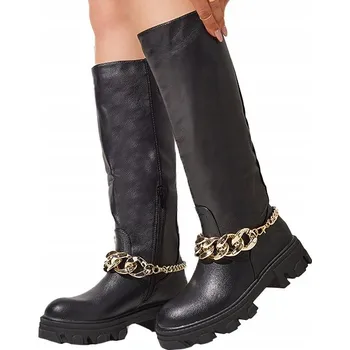 Dámské kozačky QT20 ČERNÉ KOZAČKY S ŘETÍZKEM SUDZI 39