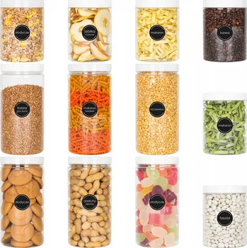 Dóza na potraviny 12x ZAVAŘOVACÍ SKLENICE NÁDOBA NA POTRAVINY NA SÝPKÉ POTRAVINY 1L 1,5L + SAMOLEPICÍ ŠTÍTKY