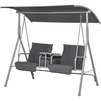 Zahradní houpačka Houpačka Outsunny Hollywood, 2místná, se stříškou a stolkem, kovový rám, do 180 kg, 175x110x165 cm, černá