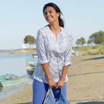 Dámské tričko Tunika s výstřihem na knoflíčky, s potiskem bílá/modrá 58