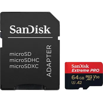 Ukládání dat SanDisk Extreme PRO microSDXC 64GB / A2 C10 V30 UHS-I U3 / 200MB/s & 90MB/s / SD Adaptér + 2 years RescuePRO