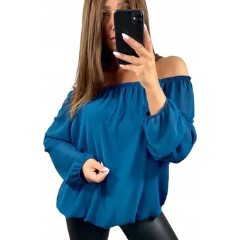 Dámská halenka B985 ŠIFONOVÁ HALENKA SE ŠPANĚLSKÝM VÝSTŘIHEM, MODRÁ vel. 48