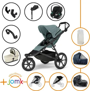 Kočárek Set 11v1 Thule Urban Glide 3 Mid blue + madlo + korbička Soft beige + JOMK příslušenství + autosedačka Cybex s ISOFIX základnou a adaptéry Thule