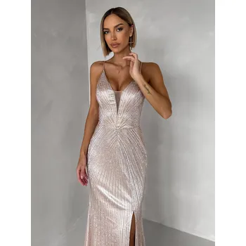 Dámské šaty Zlaté plesové třpytivé společenské šaty RAVELLE s rozparkem Velikost: L