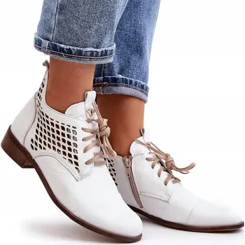 Dámské kozačky DÁMSKÉ KOTNÍKOVÉ BOTY NÍZKÉ DĚROVANÉ KOŽENÉ ZAZOO 2878 BÍLÉ 36