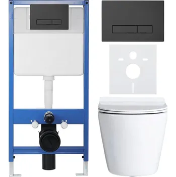 WC sada CERANO - Kompletní podomítkový WC set Lite/Norbi - bílá lesklá - WC tlačítko Slim, černé matné - předstěnová instalace/sádrokarton - 48,5x36,5 cm